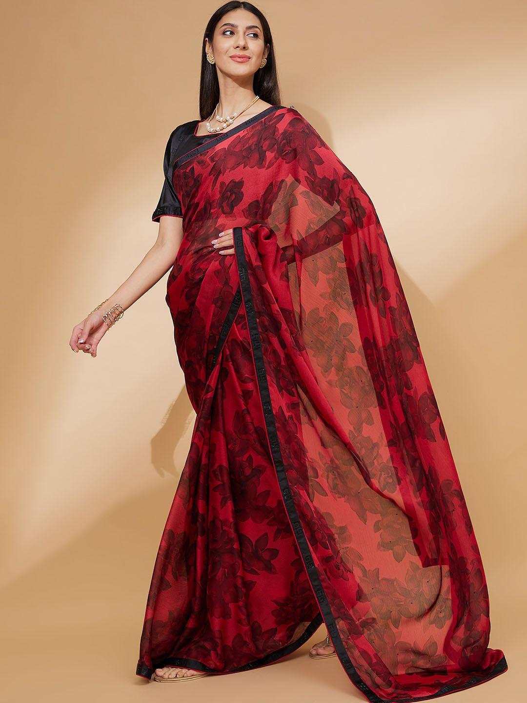 all about you red & black floral printed beads and stones pure chiffon saree
