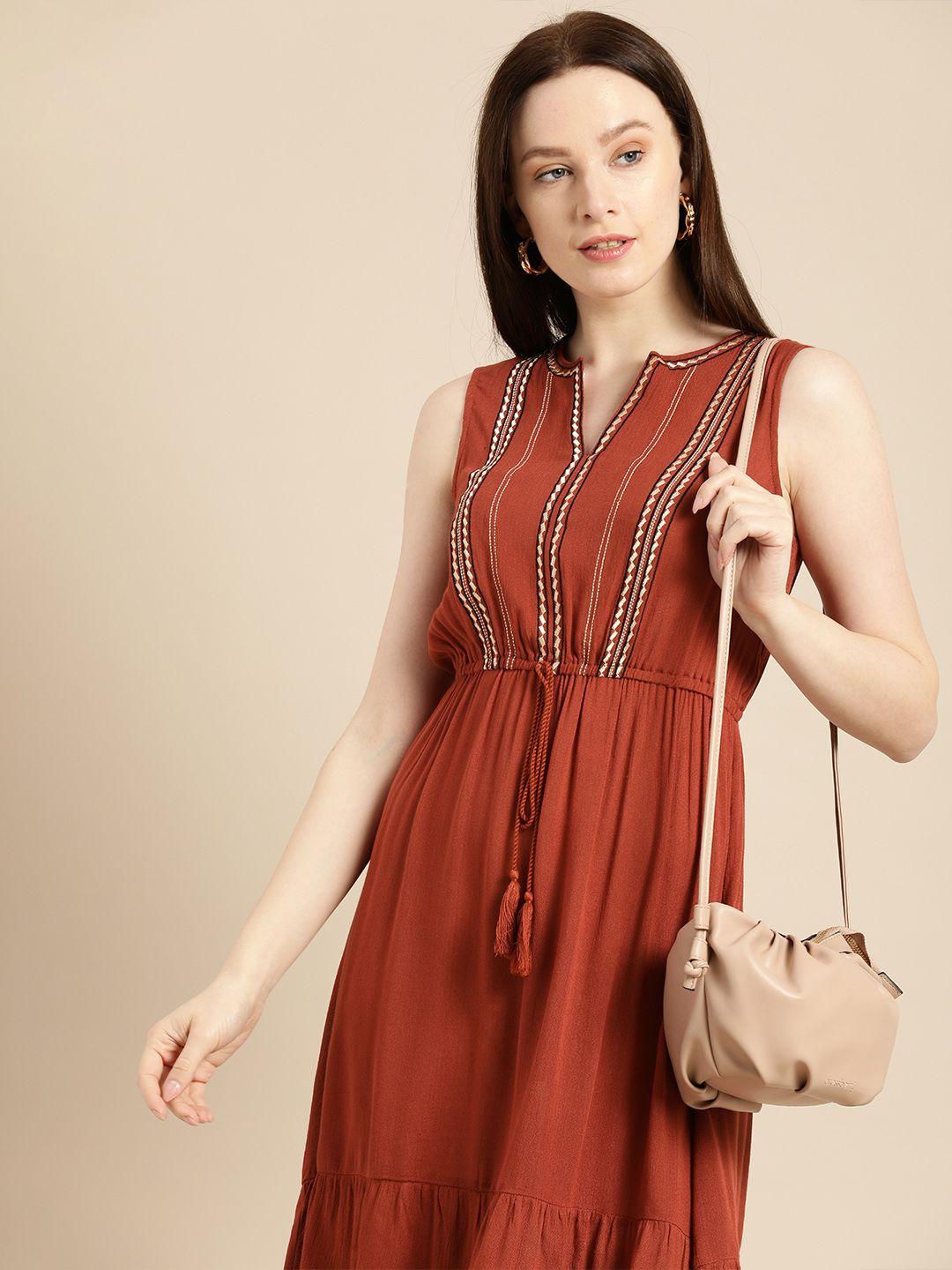 all about you red & cream-coloured embroidered a-line maxi dress