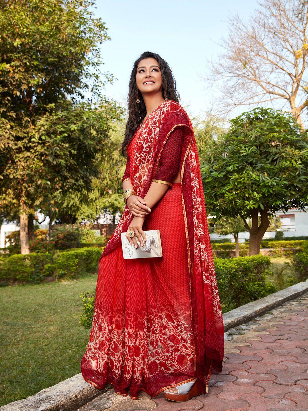 all about you red & gold-toned floral printed zari pure chiffon saree