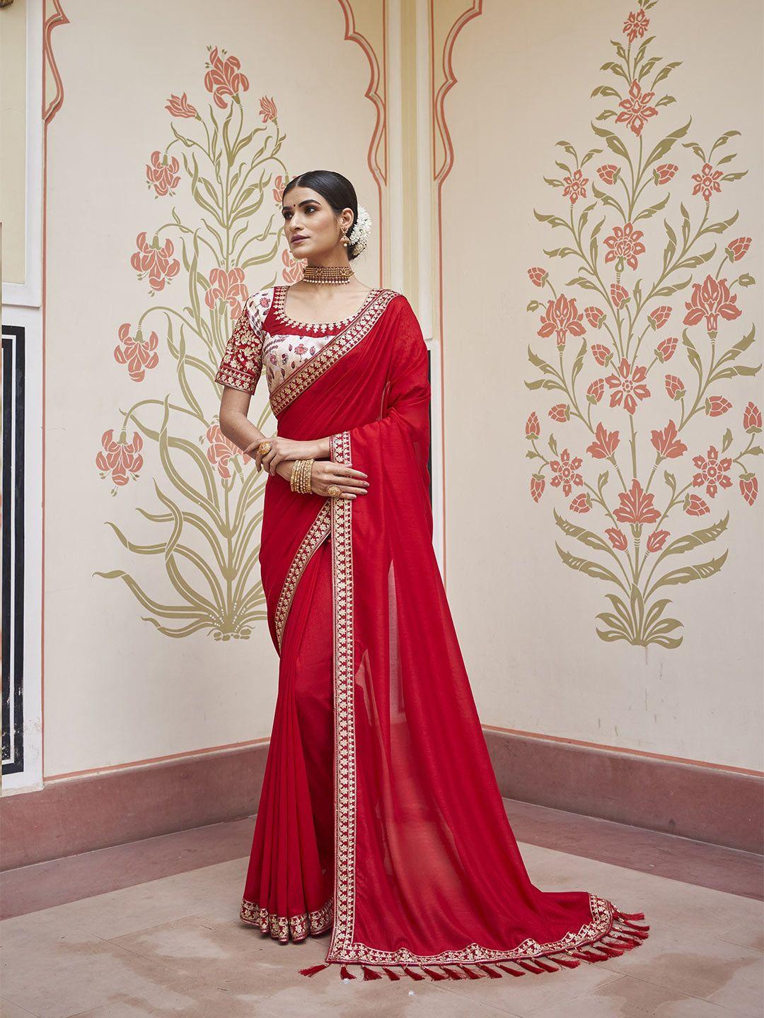 all about you red & gold-toned silk blend saree