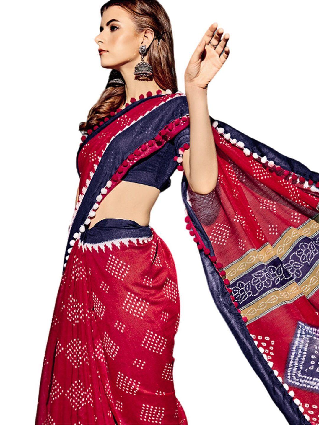 all about you red & navy blue bandhani pure cotton saree with blouse piece