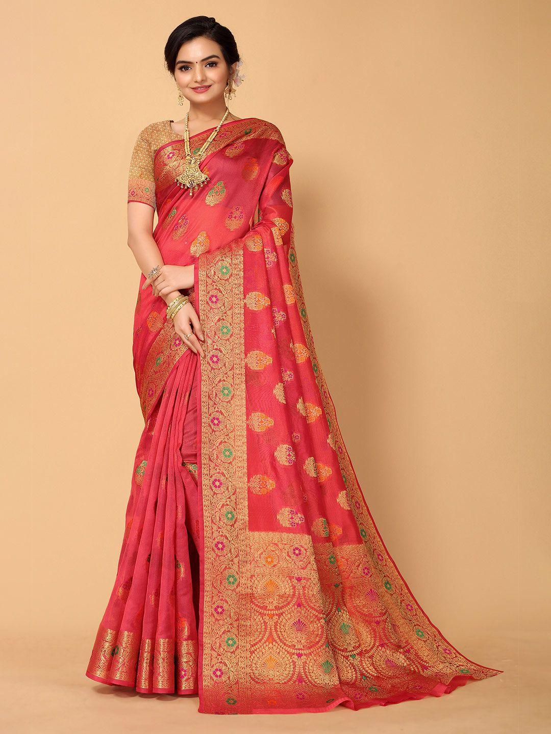 all about you red & pink woven design zari organza saree