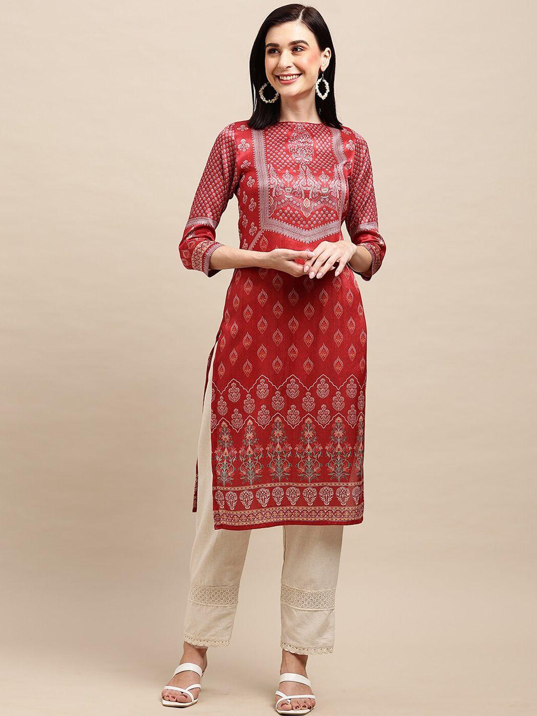 all about you red & silver ethnic motifs printed chanderi silk straight kurta