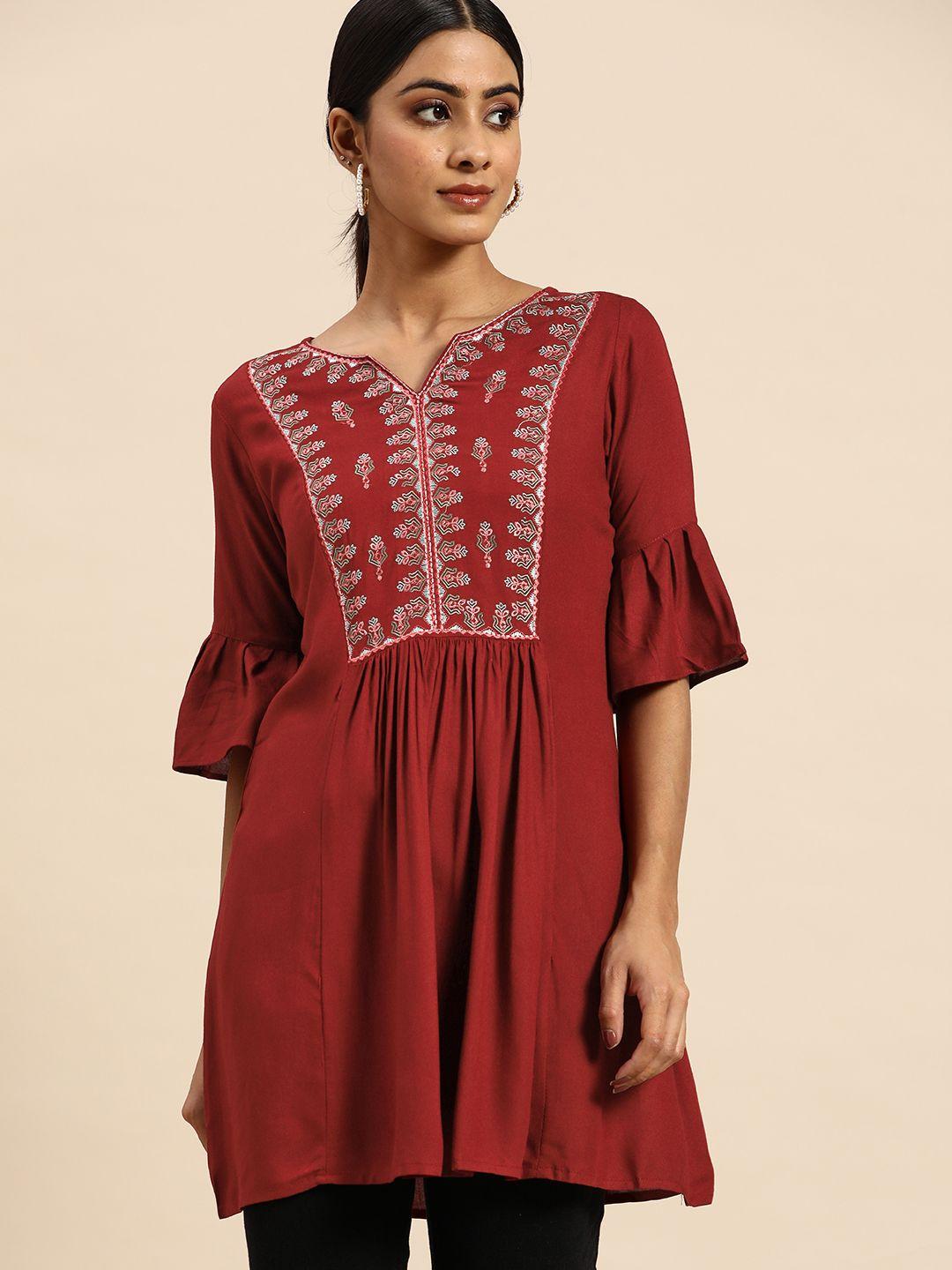 all about you red embroidered longline a-line top