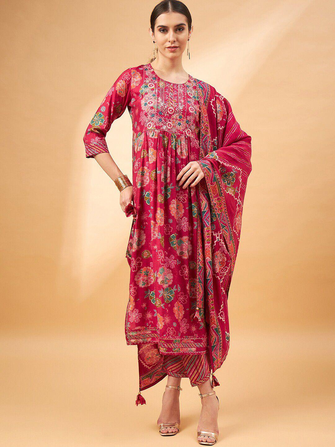 all about you red floral printed thread work a-line kurta & trousers with dupatta