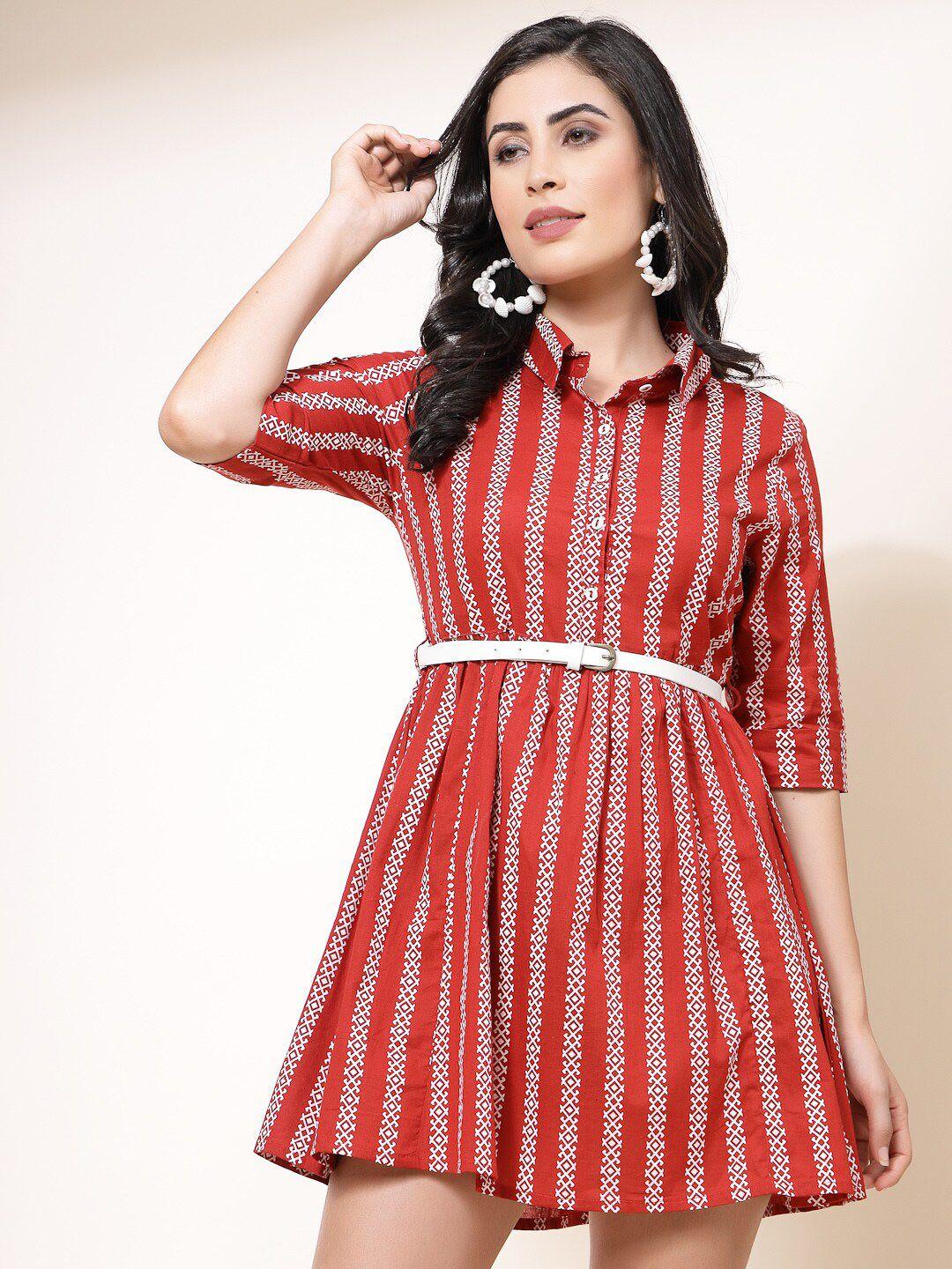 all about you red striped shirt collar belted fit & flare mini dress