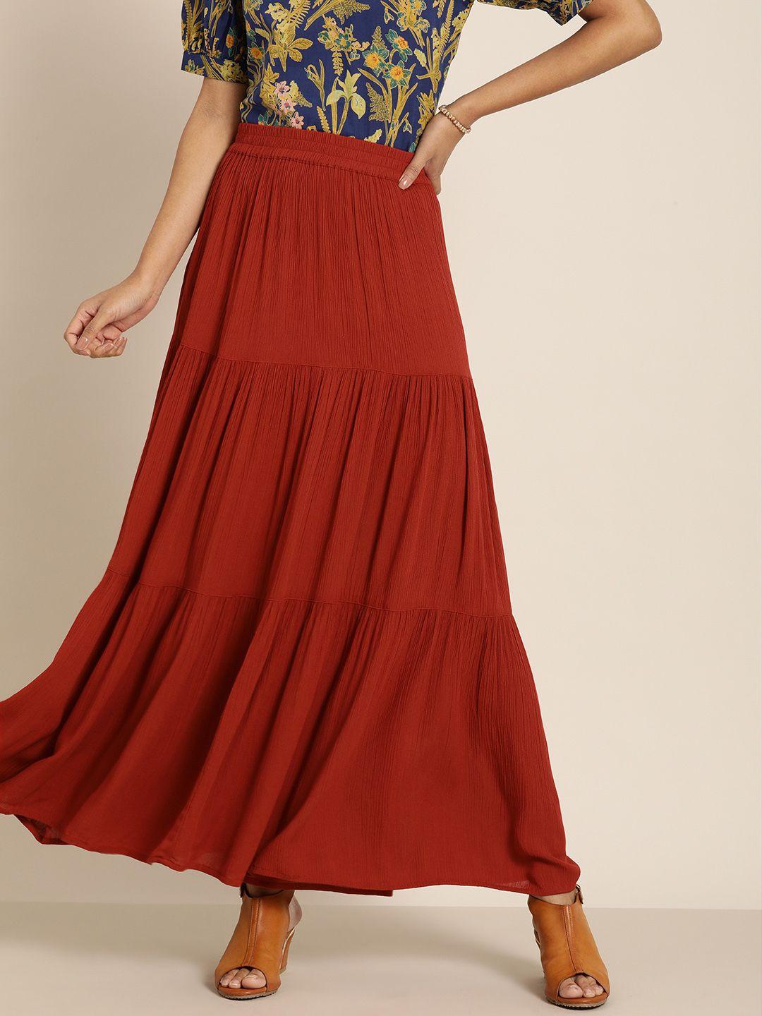 all about you red tiered flared maxi skirt