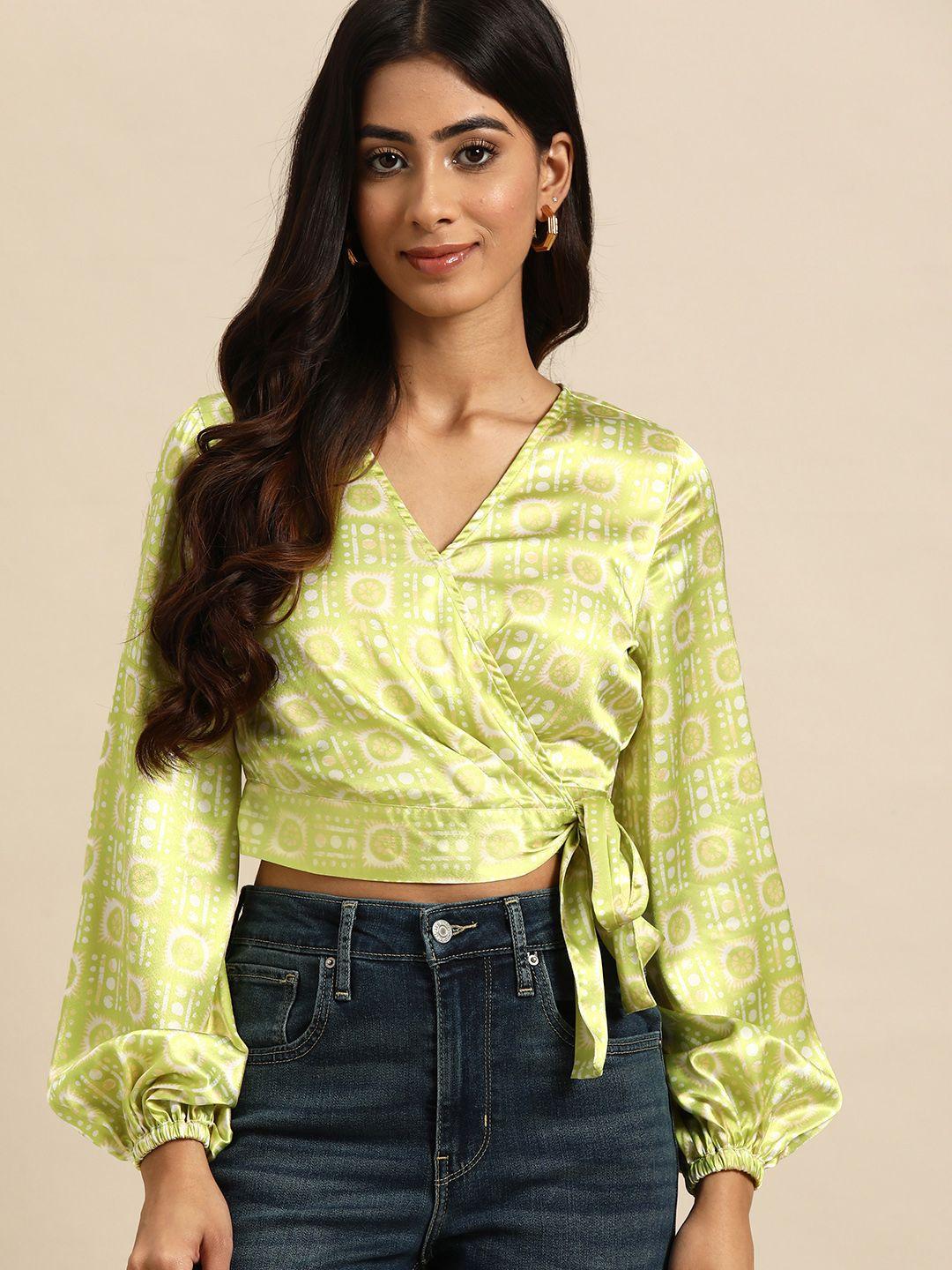 all about you satin finish printed puff sleeves wrap crop top