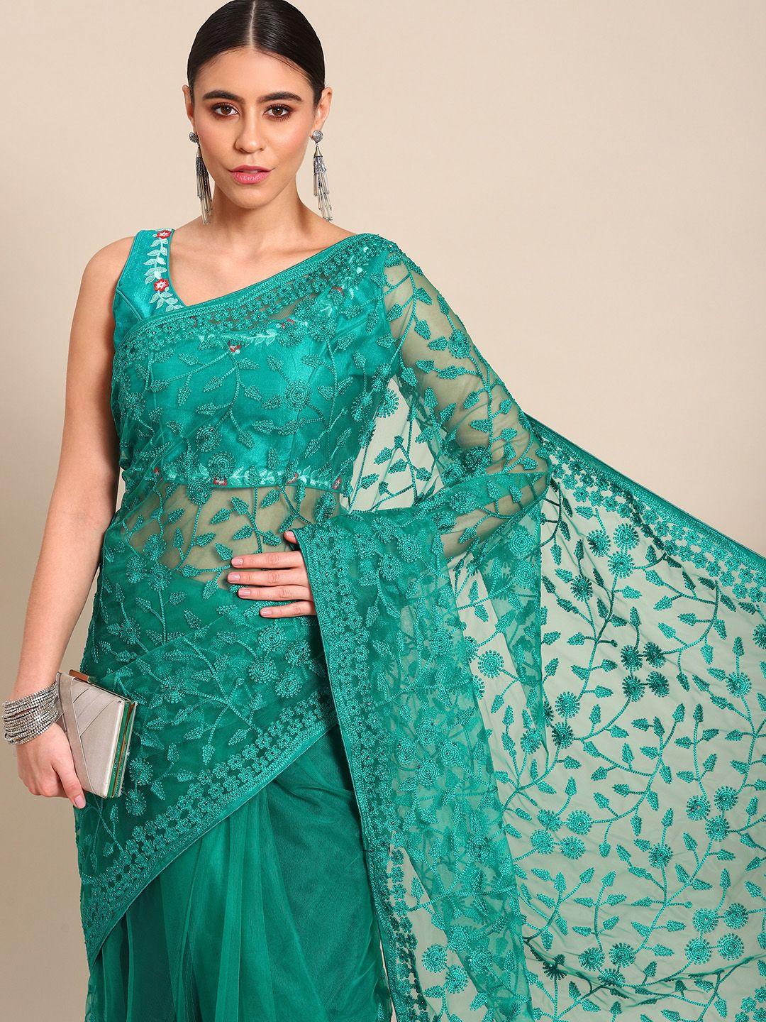 all about you sea green & olive green floral embroidered net saree