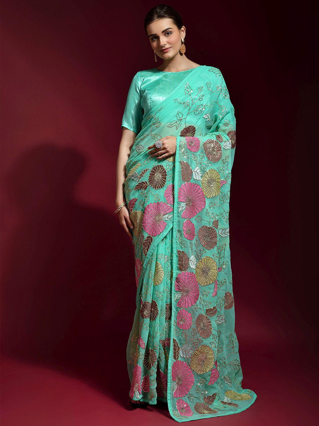 all about you sea green & pink floral embroidered sequinned pure silk saree