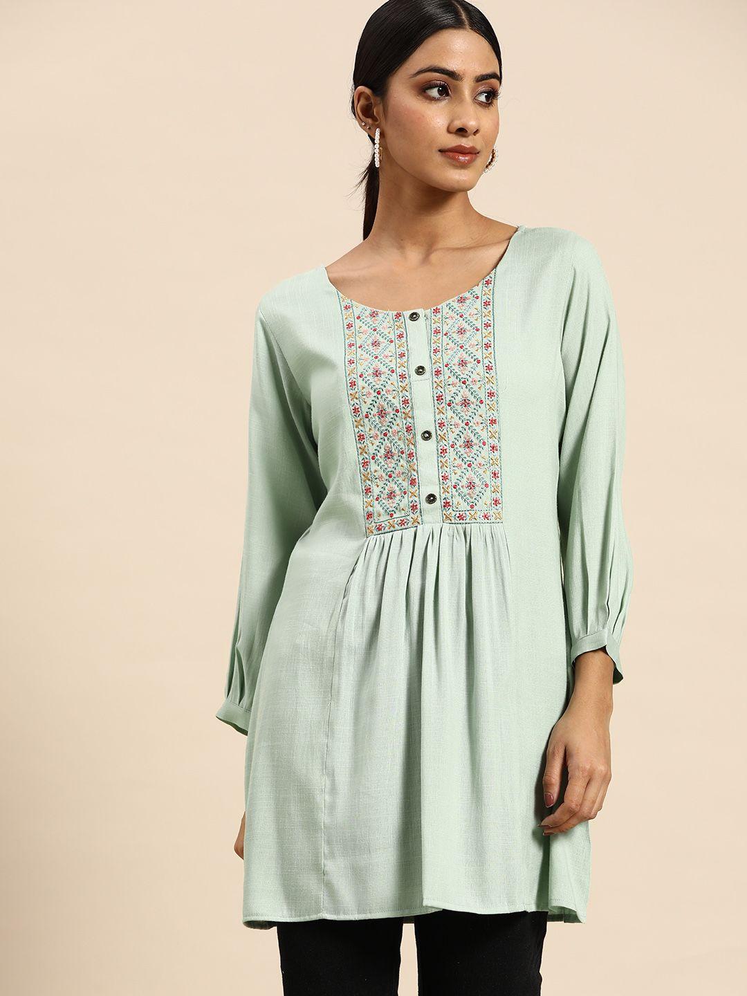 all about you sea green floral embroidered longline a-line top