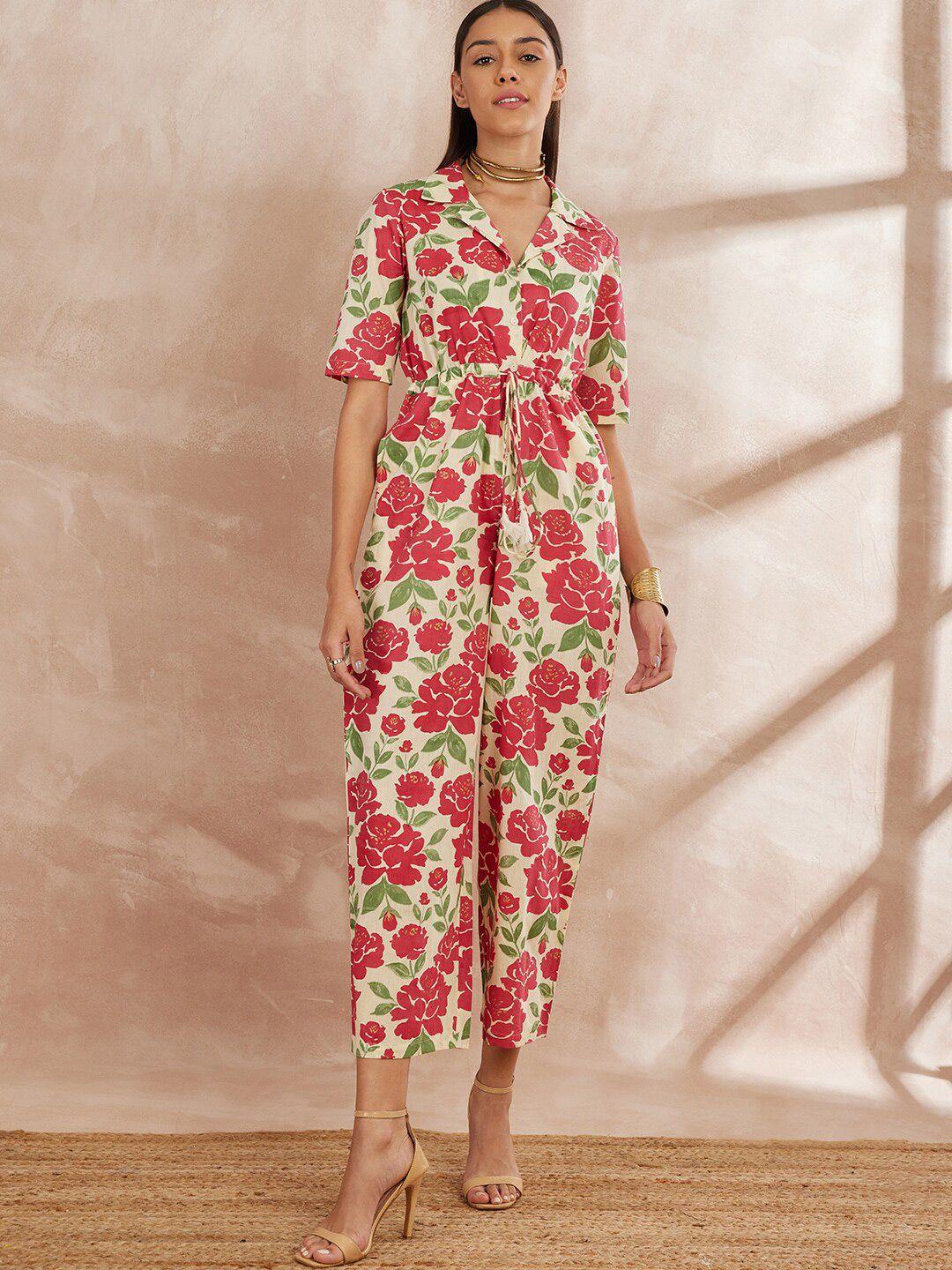 all about you shirt collar floral printed cotton basic jumpsuit