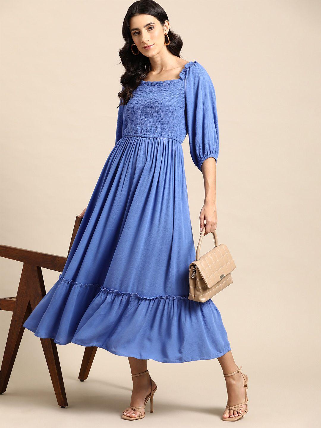 all about you smocked puff sleeve a-line midi dress