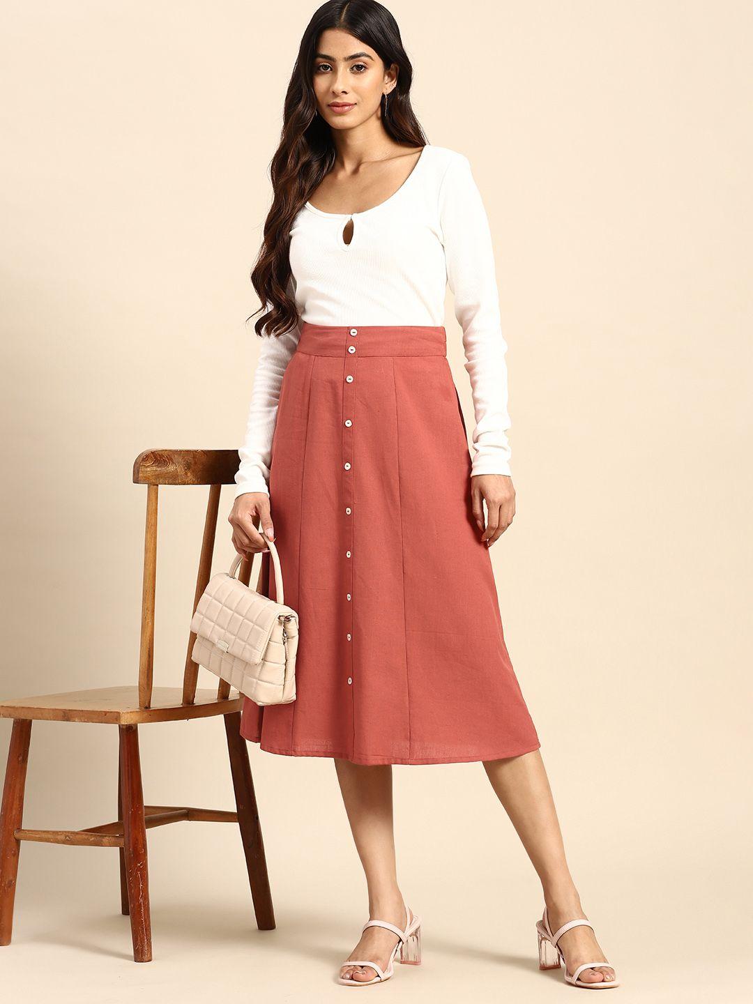 all about you solid button front a-line midi skirt