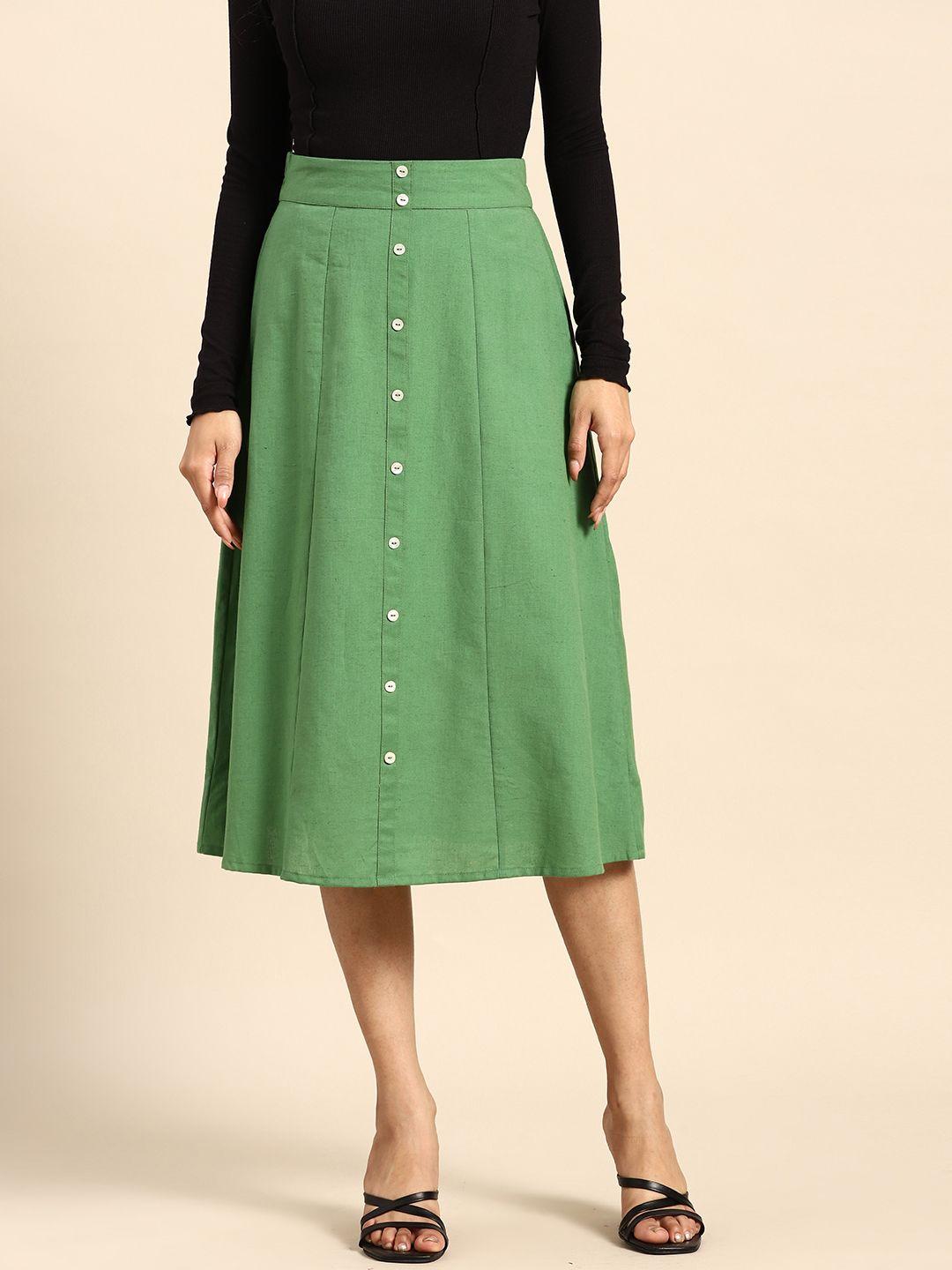 all about you solid button front a-line midi skirt