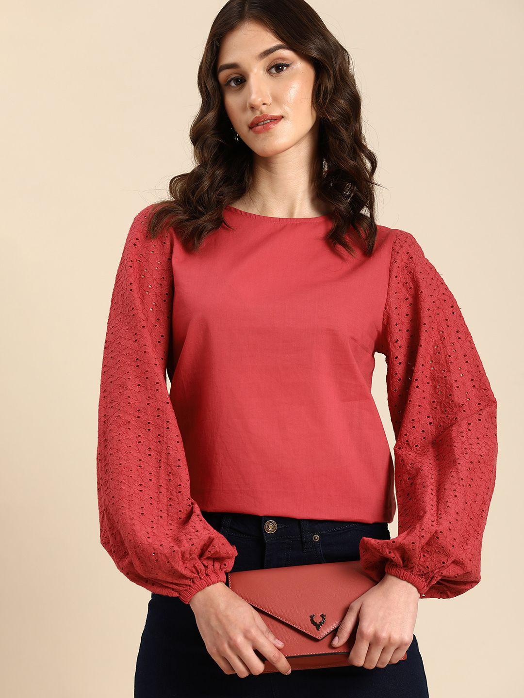 all about you solid pure cotton regular top with embroidered bishop sleeves