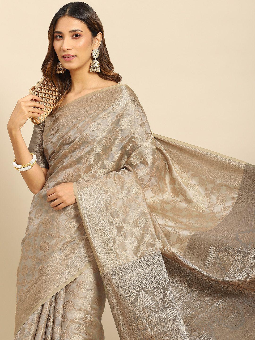 all about you taupe & gold-toned ethnic motifs zari organza kanjeevaram saree