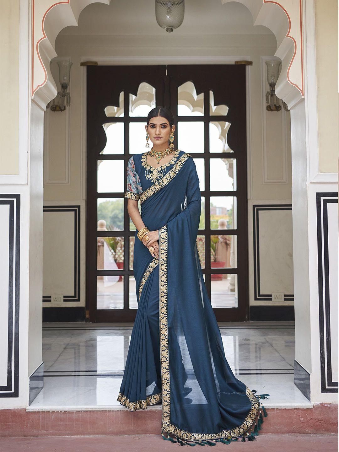 all about you teal & gold-toned silk blend saree