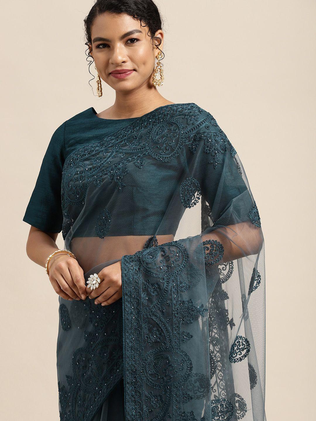 all about you teal blue ethnic motifs net saree