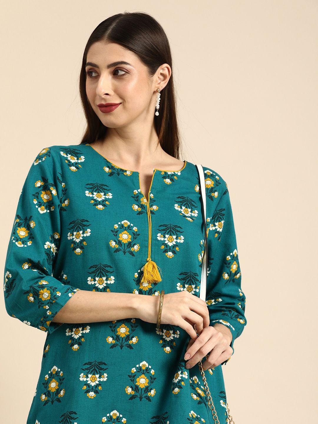 all about you teal blue floral printed cotton straight kurti