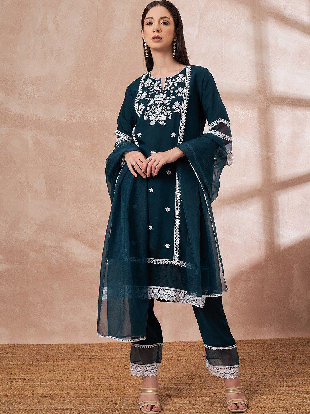 all about you teal floral embroidered thread work detailed liva straight kurta set