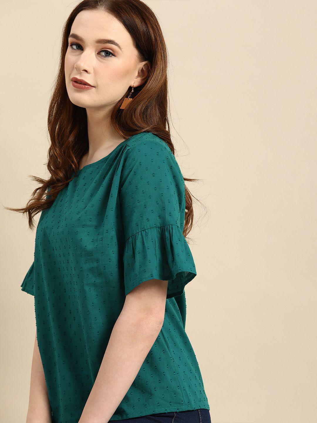 all about you teal green embroidered pure cotton regular top