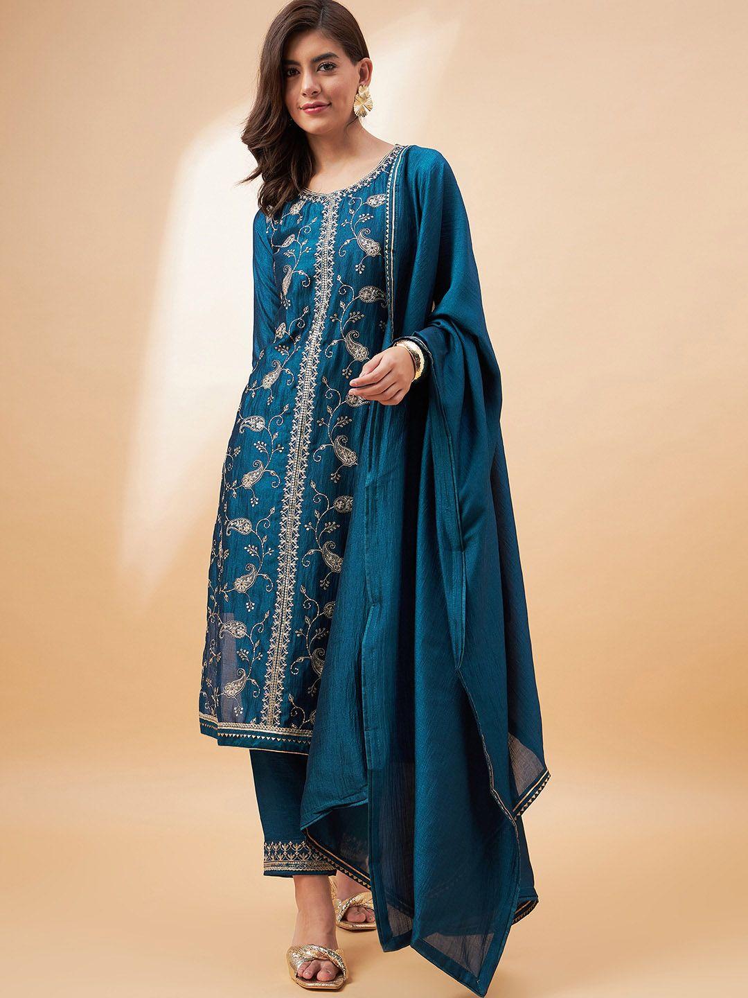 all about you teal paisley embroidered regular sequinned kurta with trousers & dupatta