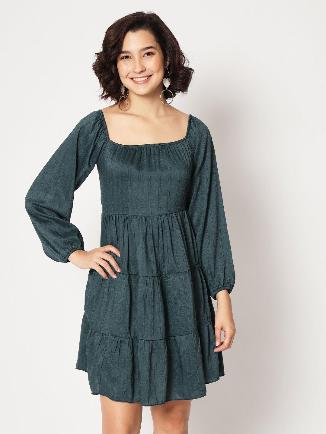 all about you teal puff sleeves tiered gathered fit & flare dress