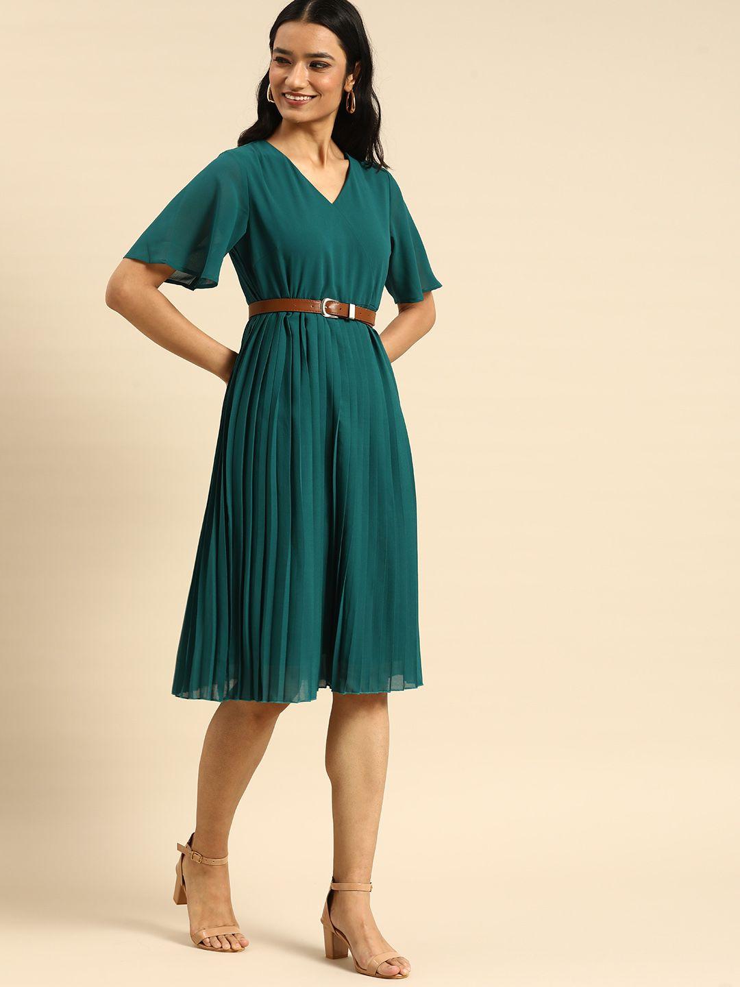 all about you teal solid a-line flared dress