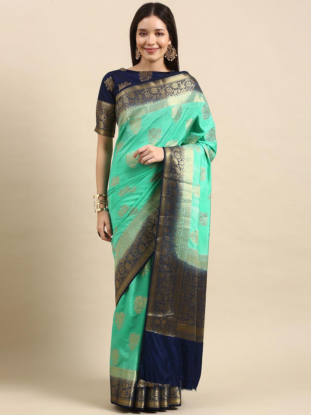 all about you turquoise blue & gold-toned ethnic motifs zari silk blend kanjeevaram saree