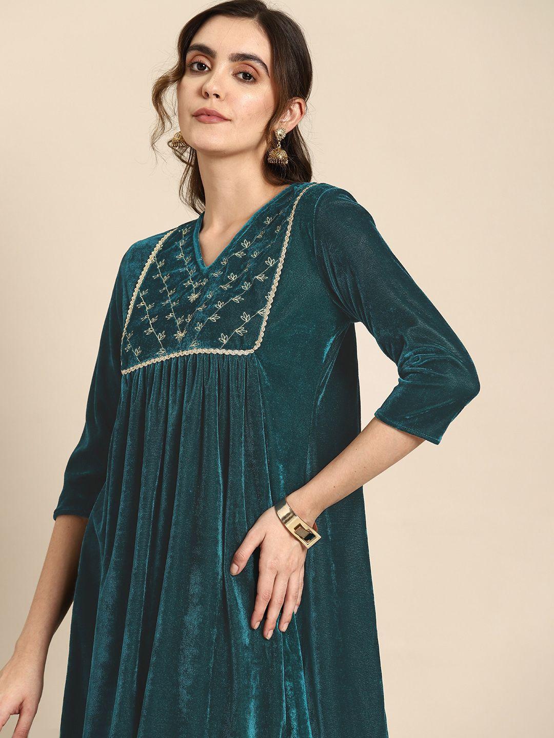 all about you velvet finish yoke design ethnic a-line dress