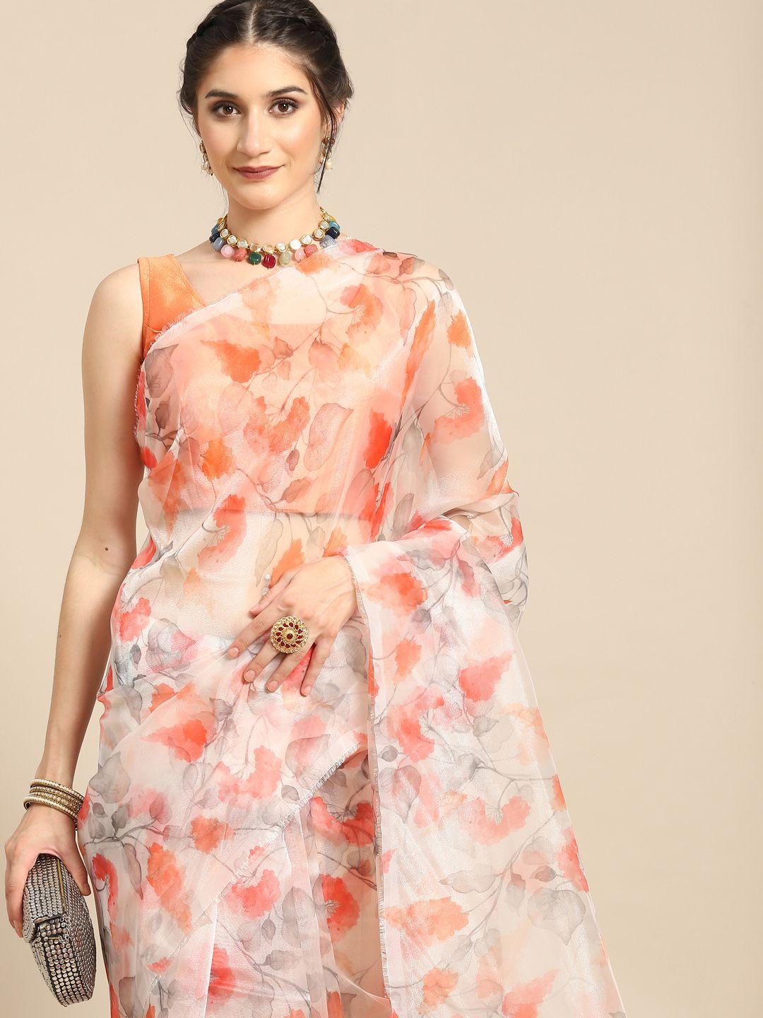 all about you white & peach-coloured floral organza saree