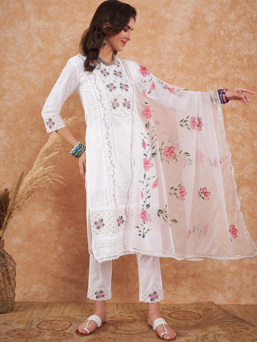 all about you white floral embroidered schiffli pure cotton straight kurta set