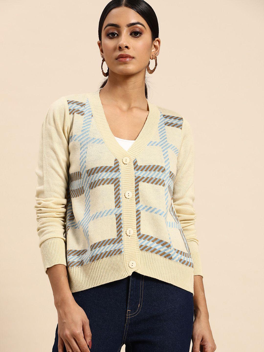 all about you women beige & blue checked cardigan