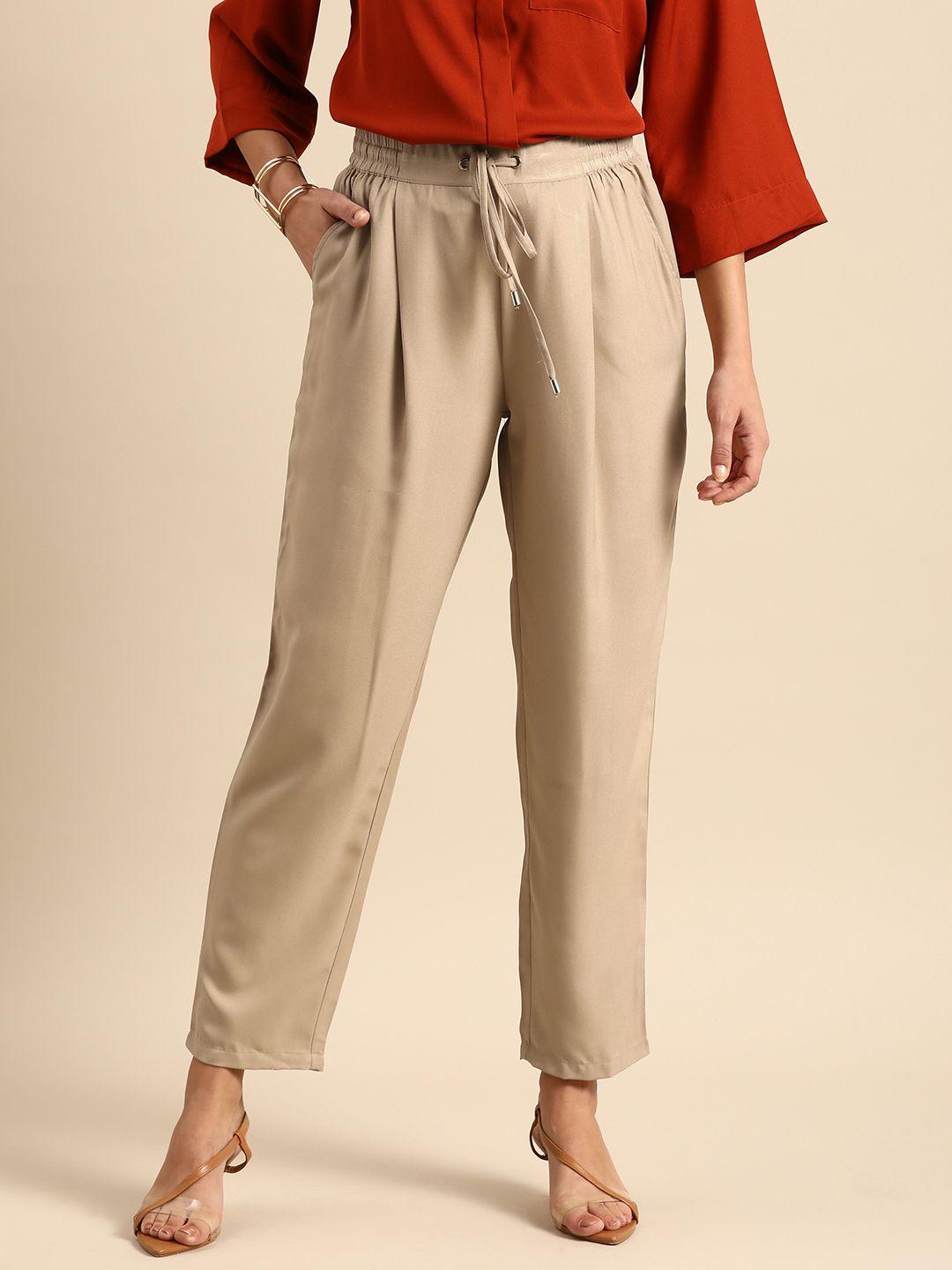 all about you women beige solid pleated trousers