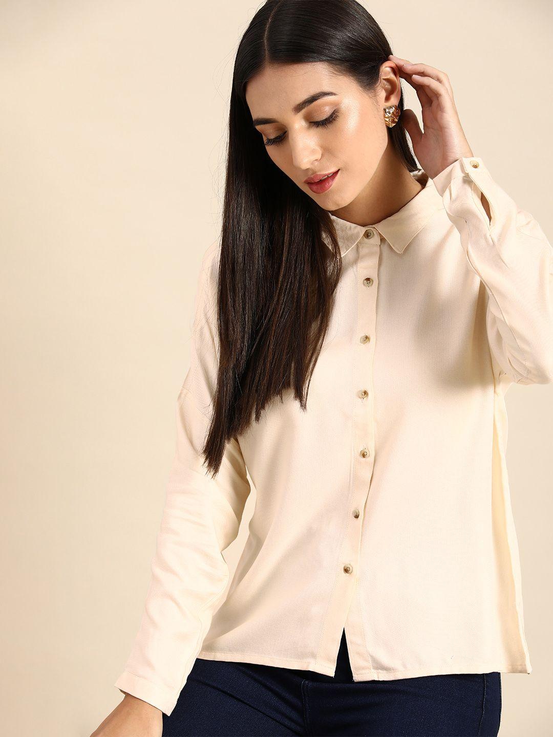 all about you women beige solid regular fit casual shirt