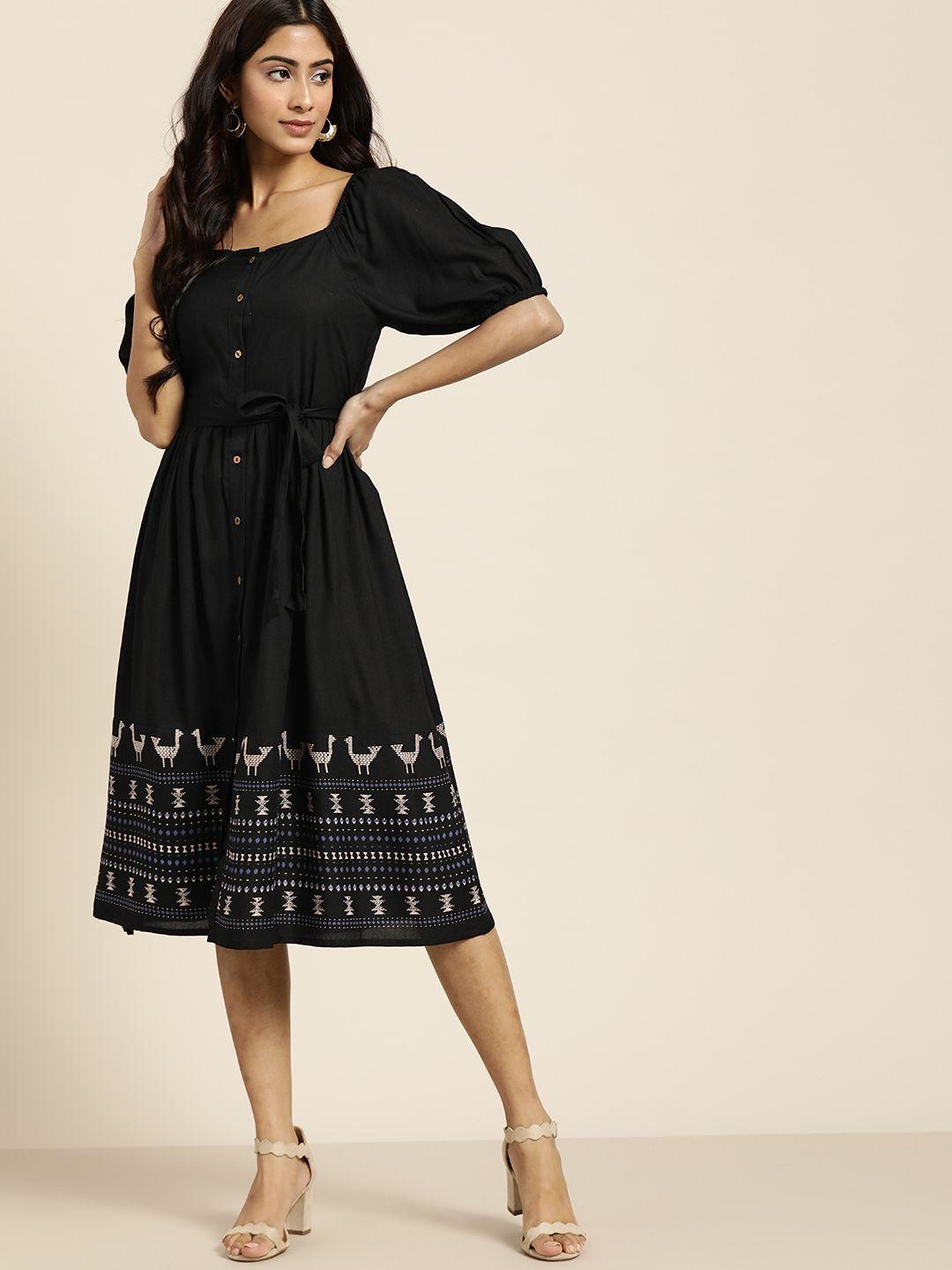 all about you women black & beige printed a-line midi dress