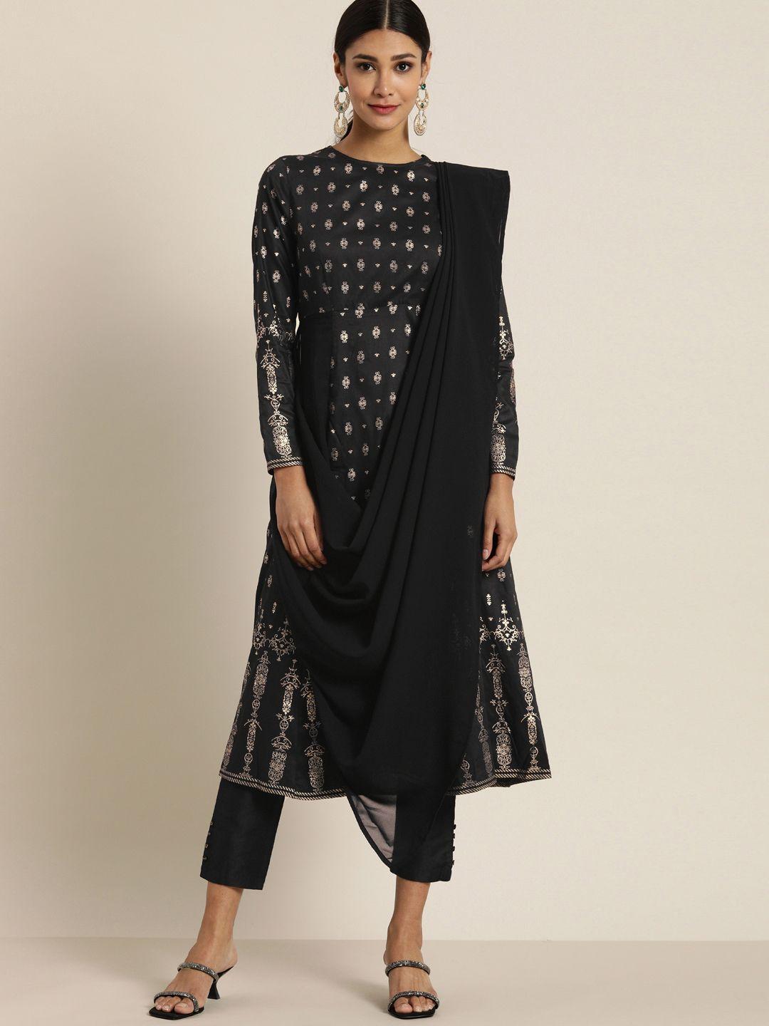 all about you women black & gold-coloured printed kurta set with attached dupatta