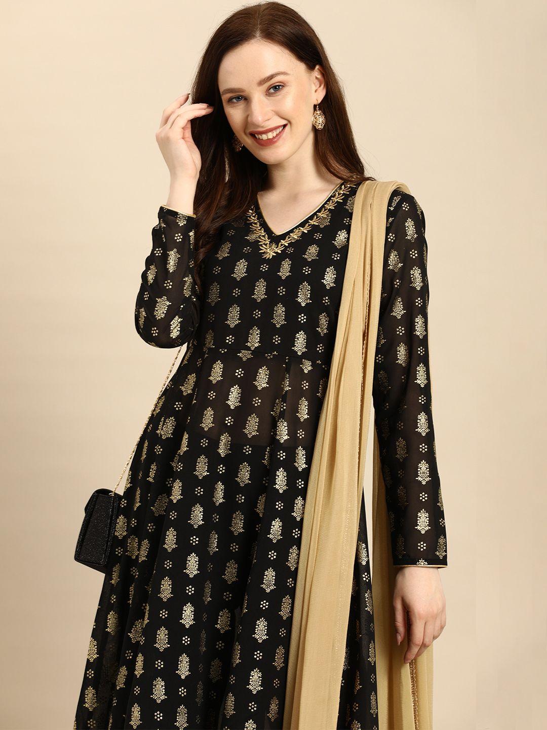 all about you women black & gold ethnic printed thread work kurta with trousers & dupatta