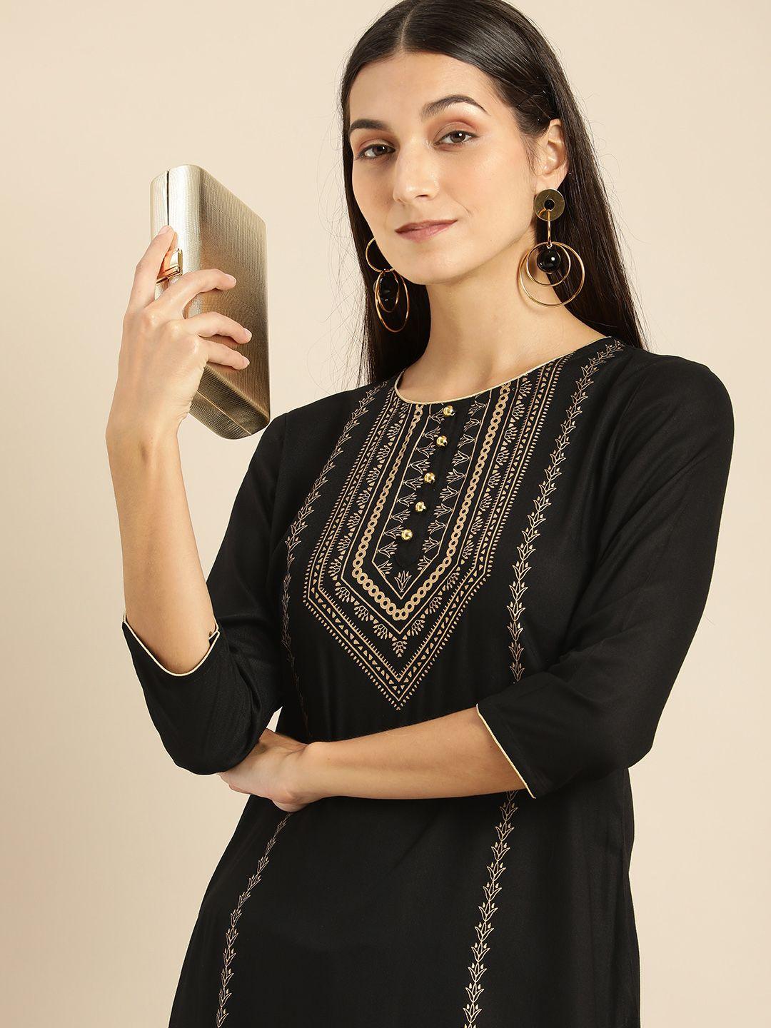 all about you women black & gold-toned ethnic motifs printed kurta