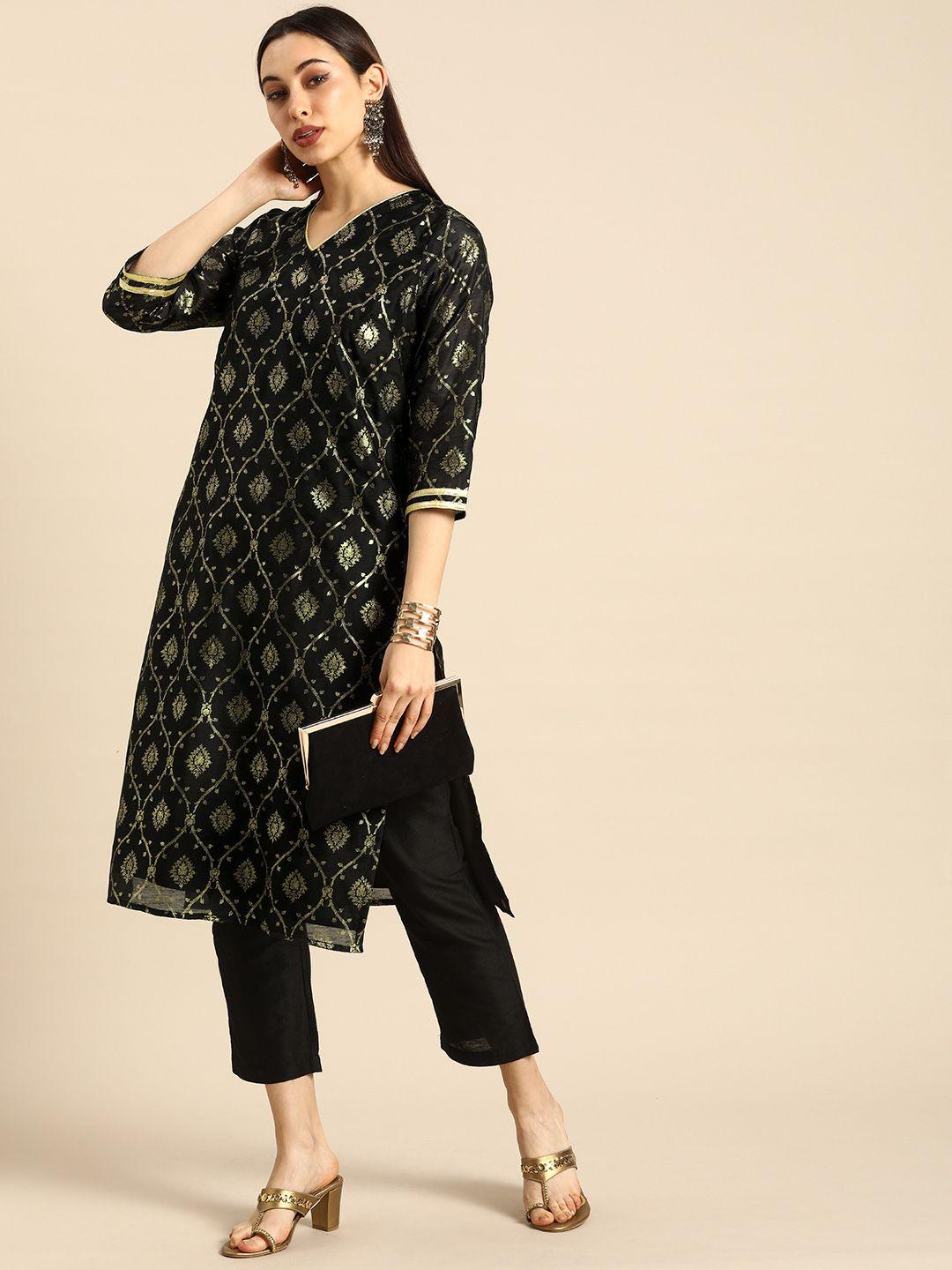 all about you women black & gold-toned woven design straight kurta