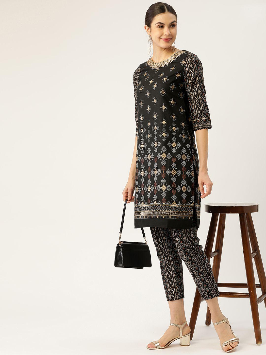 all about you women black & golden printed sequinned kurta with trousers