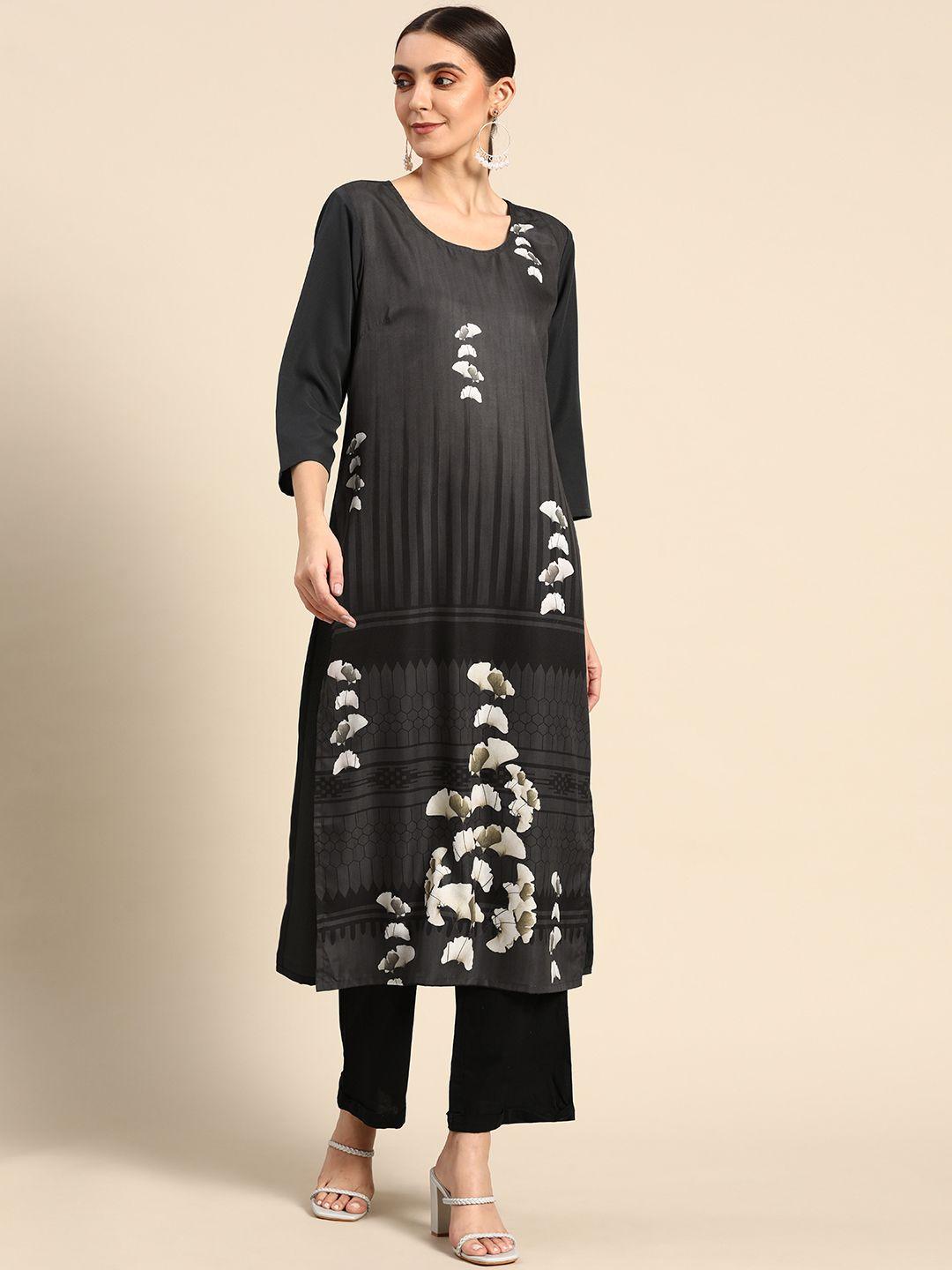 all about you women black & white floral printed crepe kurta