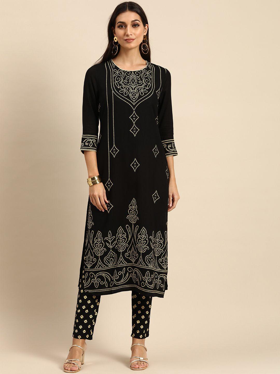 all about you women black bandhani printed kurta with trousers