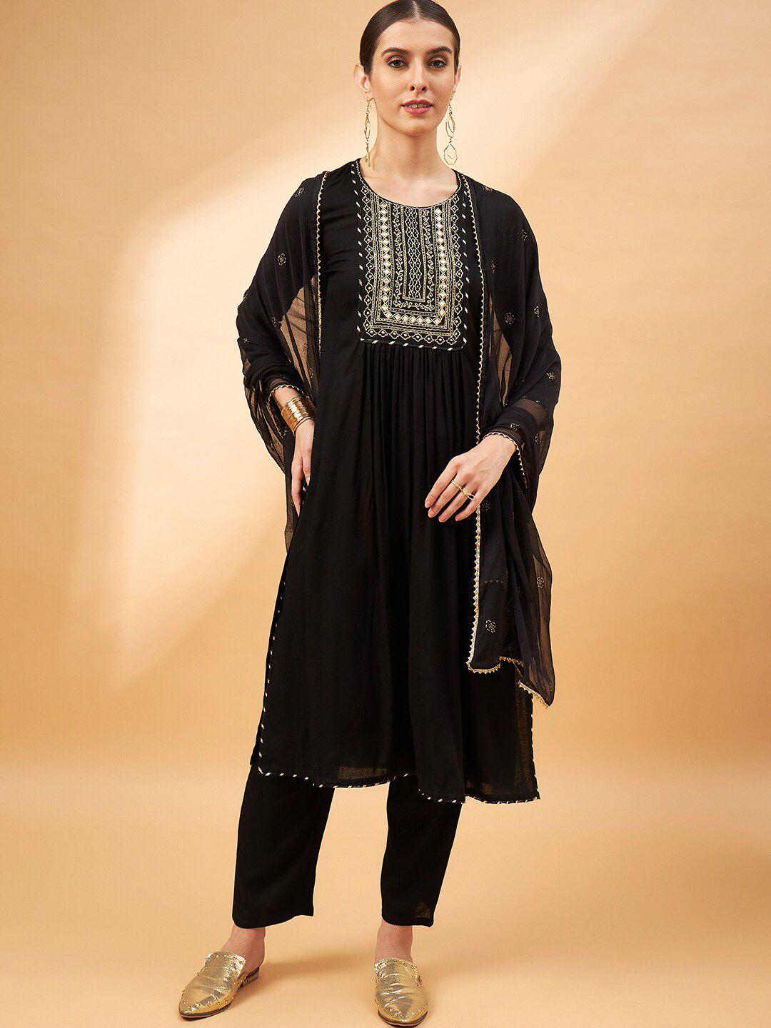 all about you women black embroidered mirror work kurta with trousers & with dupatta