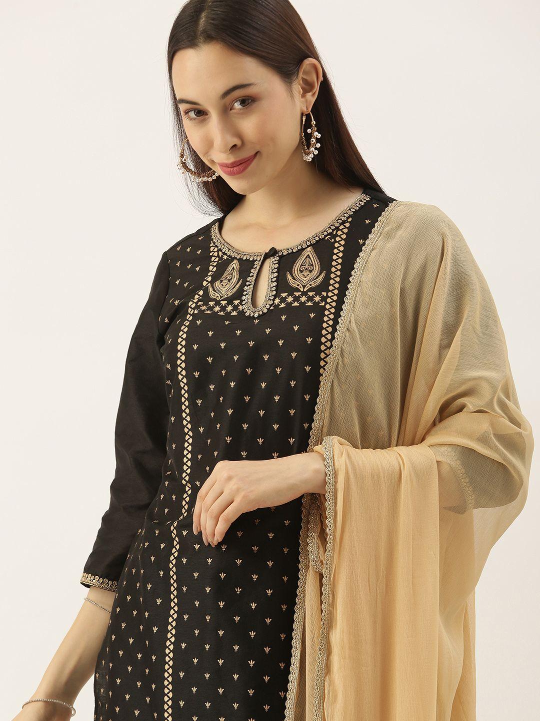 all about you women black ethnic motifs embroidered kurta with trousers & with dupatta