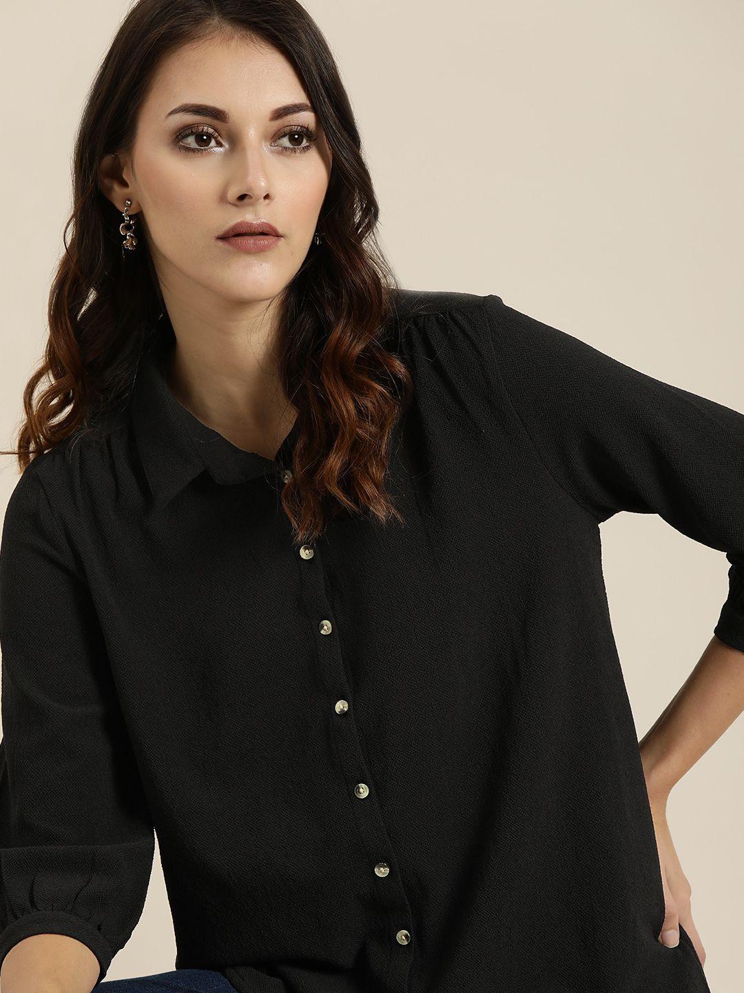 all about you women black regular fit solid casual shirt