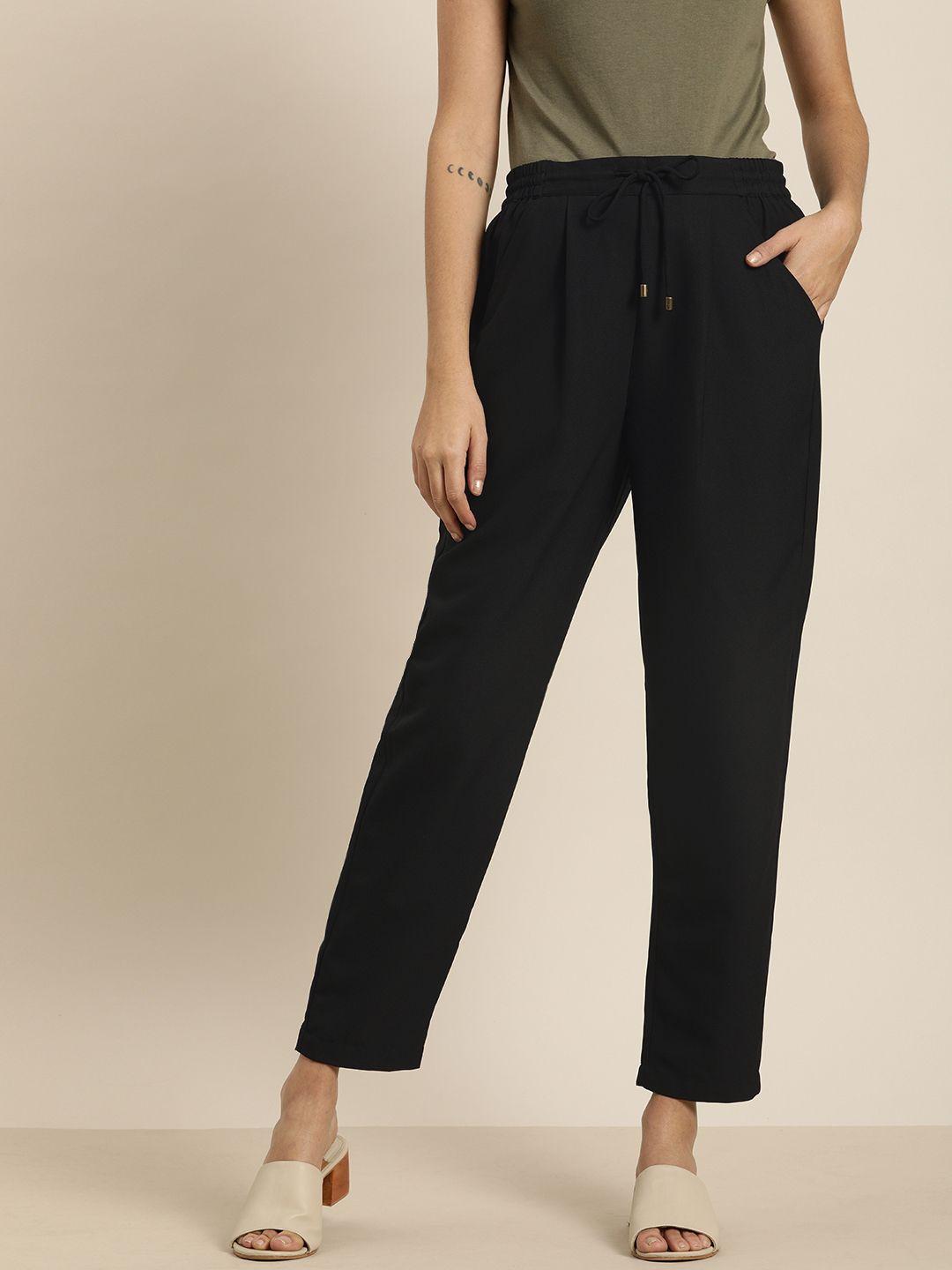 all about you women black slim fit solid trousers