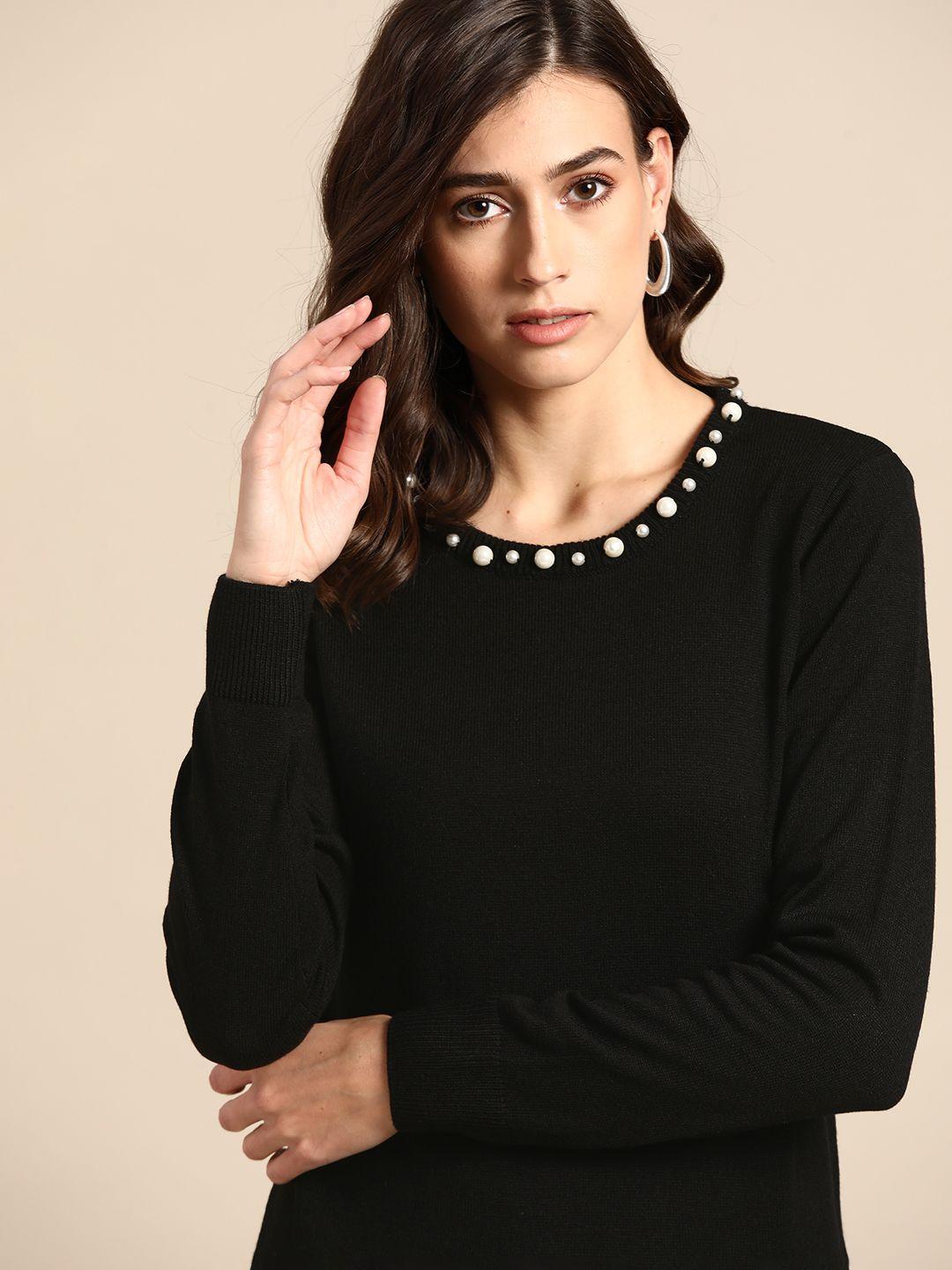 all about you women black solid pullover with embellished detail