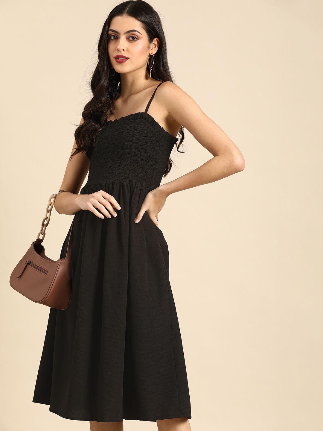 all about you women black solid smocked casual dress